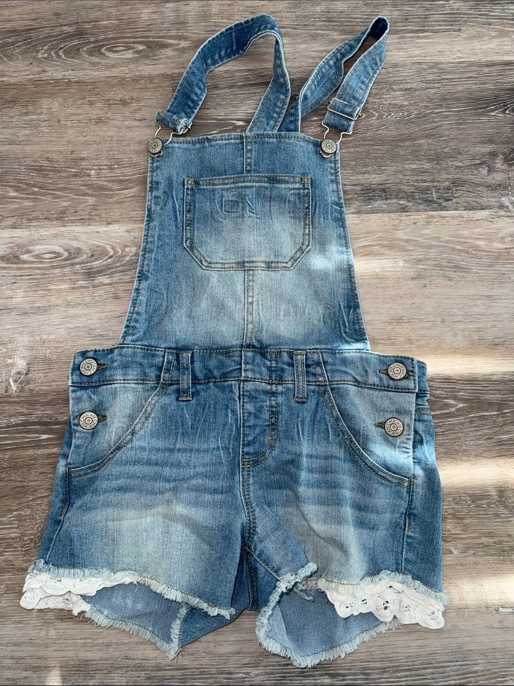 Cherokee Light Blue Denim Lace-Trim Short Overalls